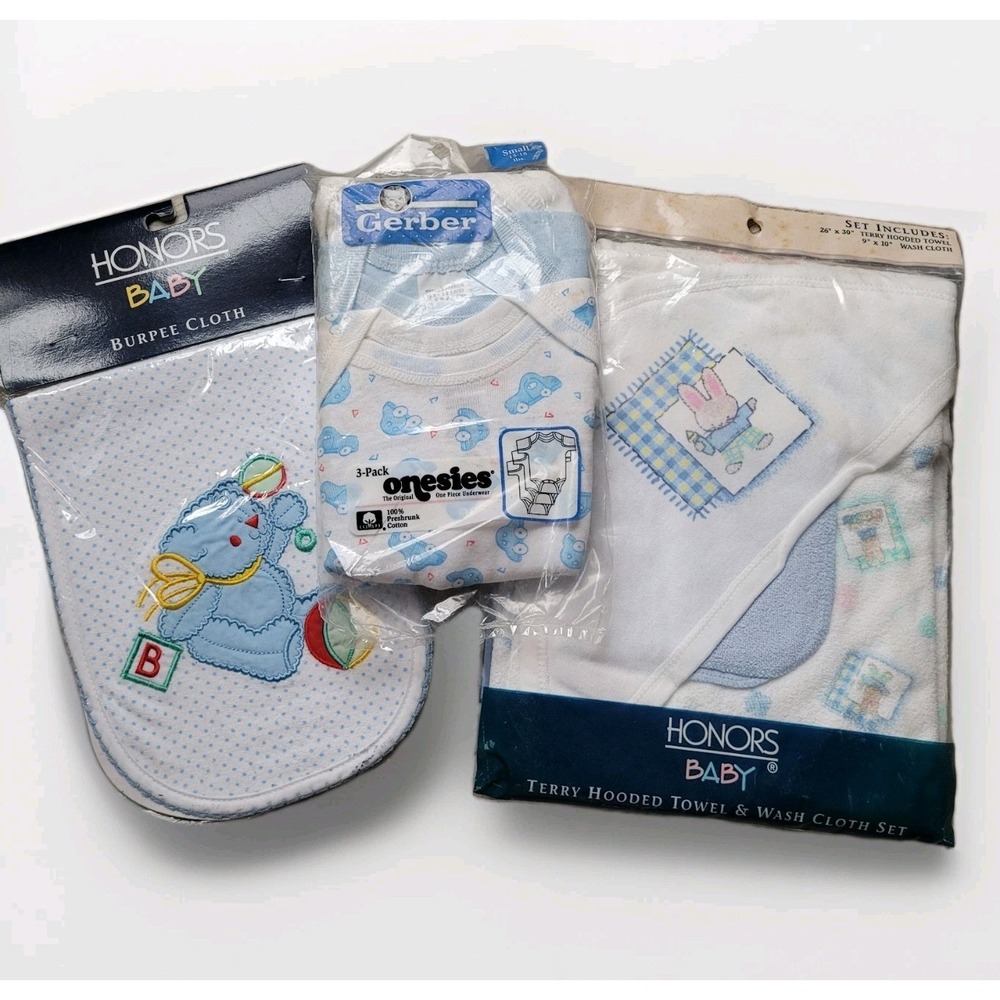 Vintage‎ New Old Stock Baby Boy Bundle - Gerber Onesies, Bunny Towel & Bear Burp